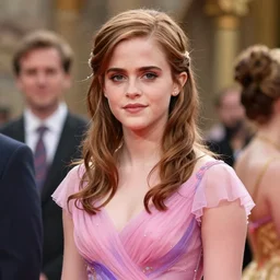 emma watson at hogwarts!! at the yule ball wearing revealing elegant pink and purple dress. beautiful detailed face. by artgerm and greg rutkowski and alphonse mucha