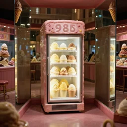 fridge in the middle of a neapolitan ice cream rave club, from 1 9 8 5, made out of ice cream, reflected in mirrors, ice cream in background, low - light photograph, three point perspective, miniature subsurface scattering, photography tyler mitchell