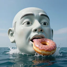 a massive porcelain sculpture of a funny squashed human face on the ocean water, licking a donut, cinematic, hyper - realistic, very detailed, realistic water splashes, ray tracing, 8 k resolution, long - shot, sharp focus, low angle, 8 5 mm photograph, wide lens