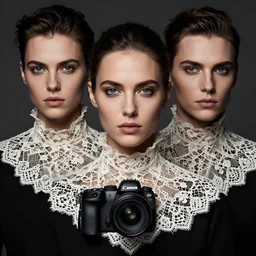 a female model by stefan geselle and nekro borja, photorealistic, intricate details, hyper realistic, big lace colar, photorealistic, canon r 3, photography, wide shot, photography, dark beauty, symmetrical features