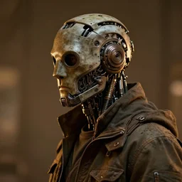 a rugged research engineer man with cybernetic enhancements, detailed mask, scifi character portrait by greg rutkowski, esuthio, craig mullins, 1 / 4 headshot, cinematic lighting, dystopian scifi gear, gloomy, profile picture, mechanical, half robot, implants, steampunk, warm colors