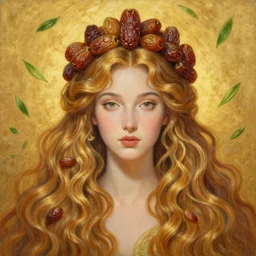 epic painting, full figure portrait of beautiful goddess with with sweet dried dates fruits, medjool dates, dried dates crown,, green tea leaves flying background, golden glow background, drawing, photography by amy leibowitz, wlop, jeremy lipkin, beeple, intricate, 4 k, golden wavy swirly hair, symmetrical front portrait