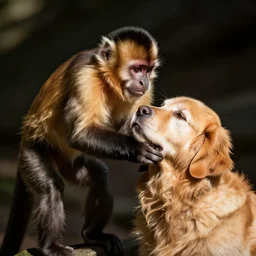 capuchin monkey grooming golden retriever, picking lice meticulously