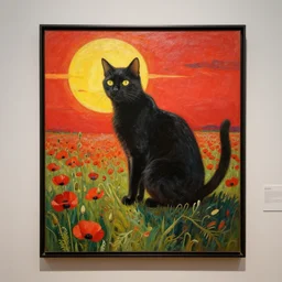 a masterpiece painting by mucha exposed at the louvre : black cat taking the sun in a poppy field with a red sunset in the background, very detailled, crisp details, featured in artscape