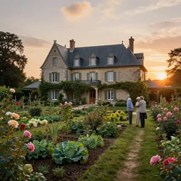 a country house, an elderly couple who cultivate the vegetable garden, an avenue of roses, sunset, highly detailed, cinematic lighting, perfect composition, 4 k, gustave dore, derek zabrocki, greg rutkowski, belsinski, octane render