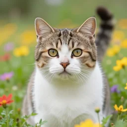 a professional photograph of a cat in a field of flowers, high quality, highly detailed, cute, HD, 8K