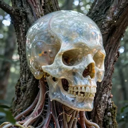 high detail photograph of translucent skull-like head covered in thin translucent membrane with veins and gelatinous sacks with tendons and muscle in an old tree in the woods, james jean, brian froud, ross tran, ultra detailed, atmospheric, epic composition, cinematic, unreal engine, flares, particles, volumetric light