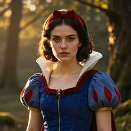 portrait, snow white as a d & d fighter, beautiful, proud serious expression, by ferdinand knab, dan mumford, gustave courbet, dramatic light, high detail, cinematic lighting, artstation, dungeons and dragons, in the forest, golden hour
