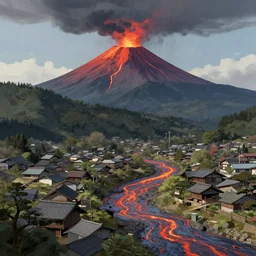 matte painting art of a Japanese village in the hills with a big volcano eruption in the background, lava river, concept art, Trending on Artstation, cgsociety, ultra sharp