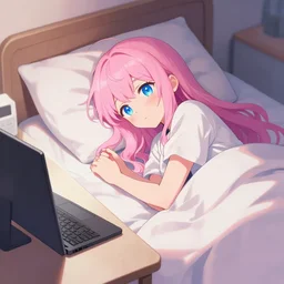 digital anime art!!, gamer girl! bedroom sleeping!! desk!!, azure blue eyes, pink hair, iterations 5 0 0 0, wlop, rossdraws, artgerm, ross tran