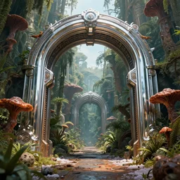a colossal shining chrome archway opens up to a wide passage of jungles, retrofuturistic, science fantasy, rusted, fungal polyps, salt, lgbt, queer, rpg, epic, dungeons & dragons, sacred, sharp focus, award - winning, extremely detailed, 4 k, 8 k