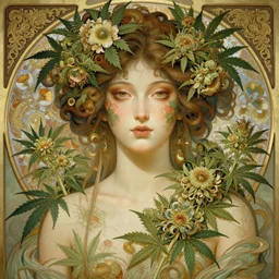 portrait of goddess gaea, flowery face, upper body, decorated with cannabis flowers, traditional chinese art, intricate, elegant, highly detailed, digital painting, artstation, concept art, smooth, sharp focus, illustration, art by artgerm and greg rutkowski and alphonse mucha, 8 k