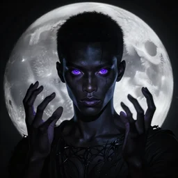 a guy with purple eyes, completely deep black skin, with black. magic powers, he's on the moon
