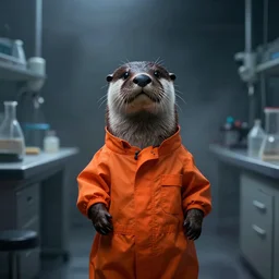 an otter wearing an orange jmpsuit facing a dark mist in a laboratory,dramatic,digital art,detailed