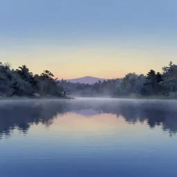 a serene landscape, calm lake, still with reflections, at dawn, early morning mist and clear skies, 8 0 s animation studio