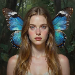 full body portrait dove cameron with two butterfly wings, ultra realistic. elegant, highly detailed, digital painting, detailed face, 8 k, forest background. artstation, ultra realistic. elegant, artstation, in the style of artgerm, donato giancola, joseph christian leyendecker, wlop and boris vallejo