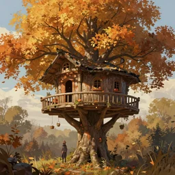 autumnal treehouse, d & d, fantasy, portrait, highly detailed, digital painting, trending on artstation, concept art, sharp focus, illustration, art by artgerm and greg rutkowski and magali villeneuve