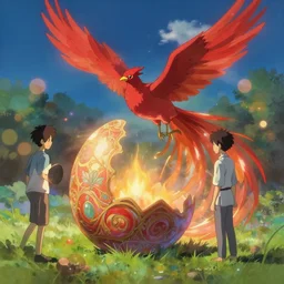 the solarpunk phoenix, red bird, ornate egg, regeneration, landscape, epic composition, volumetric light, bokeh, painting by ilya kuvshinov and by makoto shinkai