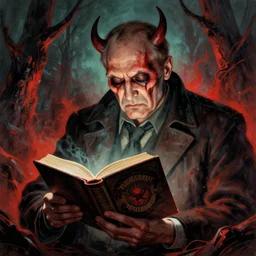 yeltsin is reading a book in hell, scary art in color
