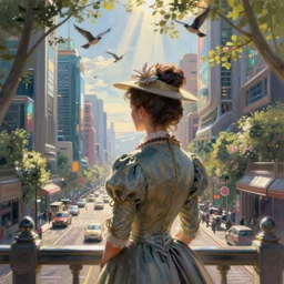 portrait of a victorian lady in a futuristic city, from behind, streets, birds in the sky, sunlight and rays of light shining through trees, tall buildings on the sides, beautiful, solarpunk!!!, highly detailed, digital painting by Michael Garmash, Donato Giancola, Claude Monet