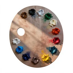 voxel artist palette with paint, photorealistic, isolated on a pure white background, centered, entire object in frame, sharp focus, soft studio lighting