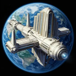 art deco space station of massive proportions in earth orbit, illustration by yoann lossell, raphael lacoste