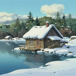 a lake house in winter, trending on artstation, ghibli style, anime, concept art,