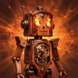 A portrait of a complex wooden automaton with fire in its eyes, medievalpunk, clockworkpunk, detailed, orange
