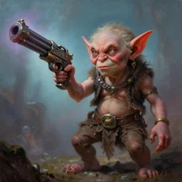beautiful realistic fantasy painting of a goblin wielding a pulpy fantasy gun, by pascal blanche and Frazetta and Beksinski, volumetric lighting, trending on art station, polarizer filter