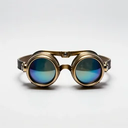 holographic steampunk goggles, professional product shot, isolated on a pure white background, centered, entire object in frame, sharp focus, soft studio lighting