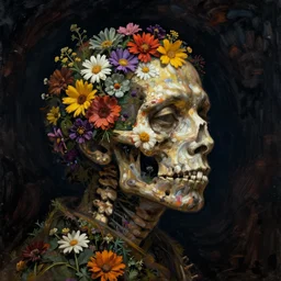 a man's face in profile, made of wildflowers skeleton, in the style of the dutch masters and gregory crewdson, dark and moody