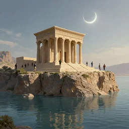 Persia temple keep on glorious cliff moat with the crescent moon rippling above. Craig Mullins, Dylan Cole, Liang Mark, Darek Zabrocki, Finnian MacManus, Sung Choi, Ruan jia, Albert Bierstadt Greg Rutkowski, Cinematic Keyframe Environmental & Architectural Design Concept Art, Trending on ArtStation