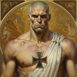 colossus xmen, steel skin, closeup portrait, sci fi, fantasy, intricate, with german iron cross on bare chest, elegant, loin cloth, highly detailed, oil painting, artstation, concept art, matte, sharp focus, illustration, hearthstone, art by artgerm and greg rutkowski and alphonse mucha