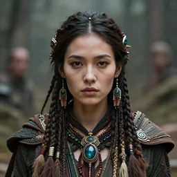 portrait of a stunningly beautiful futuristic post aocalyptic tribal female, depth of field, zeiss lens, detailed, symmetrical, centered, fashion photoshoot, by Annie Leibovitz and Steve McCurry, David Lazar, Jimmy Nelsson, Breathtaking, 8k resolution, extremely detailed, beautiful, establishing shot, artistic, hyperrealistic, beautiful face, octane render