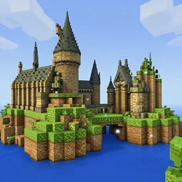 Screenshot Of Hogwarts Built In Minecraft, 8K, Magic Particles