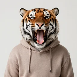 a yawning tiger wearing a hoodie knitted sweater