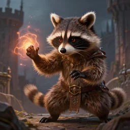closeup 2 8 mm anthropomorphic warlock raccoon casting a spell in a castle, d & d, fantasy, intricate, action pose, particle effects, highly detailed, digital painting, artstation, concept art, matte, sharp focus, volumetric lighting, illustration, hearthstone, art by artgerm, wlop, greg rutkowski and alphonse mucha