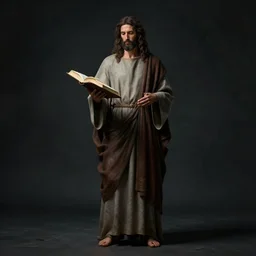 full - length pose, super realistic art god gives scripture to his prophet, deep shadows, deep color, muted gamut, slightly dark colors, cinematic lighting, digital art, 8 k resolution, sharp focus