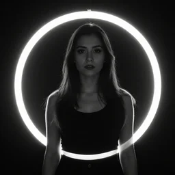 back lit rim light photography black and white, half body portrait in a black room