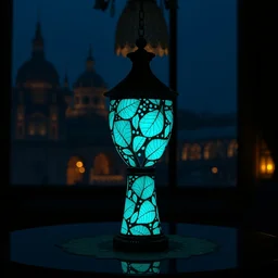 turquoise leaves kintsugi lamp product design, in the grand budapest hotel, twilight, eerie, dark colors, 8 k hd, very detailed, high quality