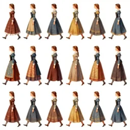 walking animation sprite sheet of a girl in a renaissance dress, walking to the right, each sprite is a different frame of the animation