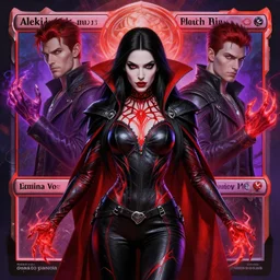 a ultradetailed painting lilliana vess vampire queen planeswalker aleksi bricolt, donato giancola and nikolay makovsky red black purple hyperrealistic hyperdetailed symmetrical 8 k leather outfit energy hands long black hair spider tessellation magic the gathering art layout, futurism, vibrant colors zbrush sharp focus