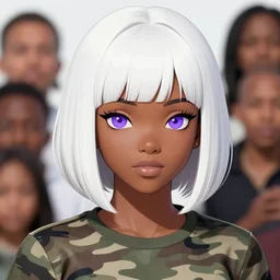 portrait of a black anime manga girl, french bob hair, white hair, wearing camo, purple eyes, by artgerm, james jean, tom bagshaw, gerald brom, vaporwave colors, lofi colors, vaporwave, lofi, goth vibe, 4 k, smooth, hd, substance designer render, full body character concept art, symmetrical, 2 point lighting,
