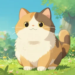 illustrated chonky calico calico-cat!!!!!! In the style of Studio Ghibli!!! Calico, Colorful