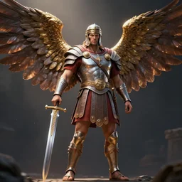roman warrior with sword and wings, cinema fantasy art, blender, unreal engine, lightning,