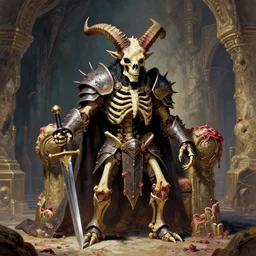 A little vibrant. A spiked horned detailed semiork skeleton with armored joints stands in a large cavernous throne room with sword in hand. Wearing massive shoulderplates, cloak. Extremely high details, realistic, fantasy art, solo, masterpiece, bones, ripped flesh, colorful art by Zdzisław Beksiński, Arthur Rackham, Dariusz Zawadzki, Harry Clarke
