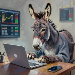 ' oil painting art of a donkey trading stocks on a laptop, futuristic, high quality, weird'