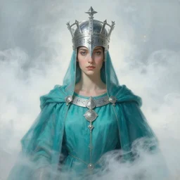 portrait of a divine knight dressed in teal robes and helmet, silver crown, runes, jewelry, mystical, ethereal, magical white fog, painting by greg rutkowski and alphonse mucha