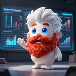 market research presenter, white skin, red beard, blue eyes, no glasses, white hair, charts, and trends on screen, clever, cartoonish