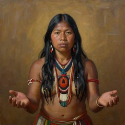 a beautiful painting of an indigenous mother with open arms, facing camera, matte painting, fantasy art, ayahuasca, highly detailed